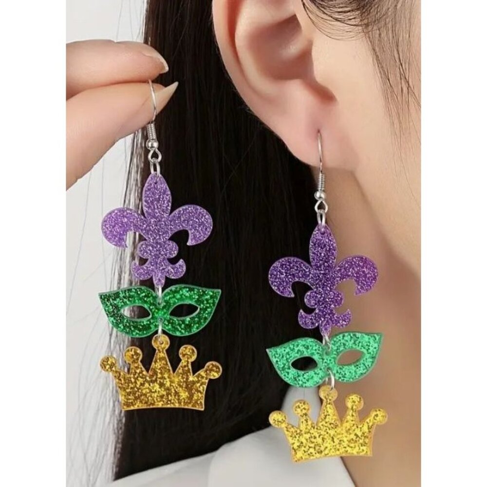 Mardi Gras Themed Glitter Earrings With Fleur-De-Lis Mask &‎ Crown Charms NEW